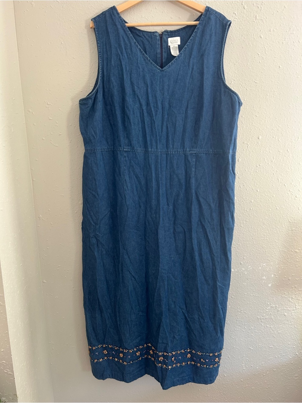 Erika Vintage Blue Sleeveless Denim Midi Dress Beaded Hem 90s Teacher Retro 2X